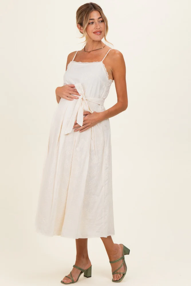 Image of Cream Embroidered Tie Waist Maternity Midi Dress