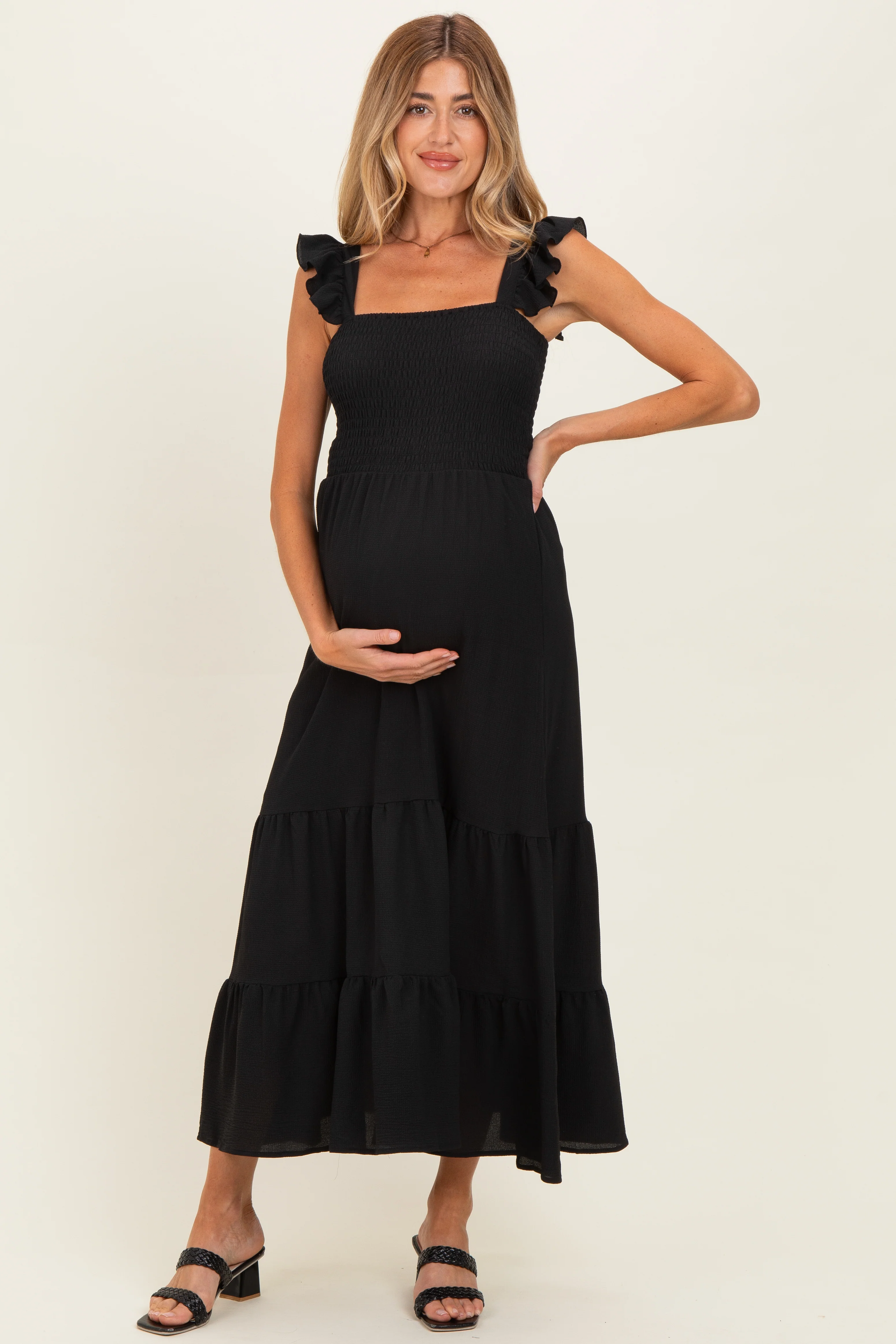 Image of Black Ruffle Strap Smocked Maternity Maxi Dress