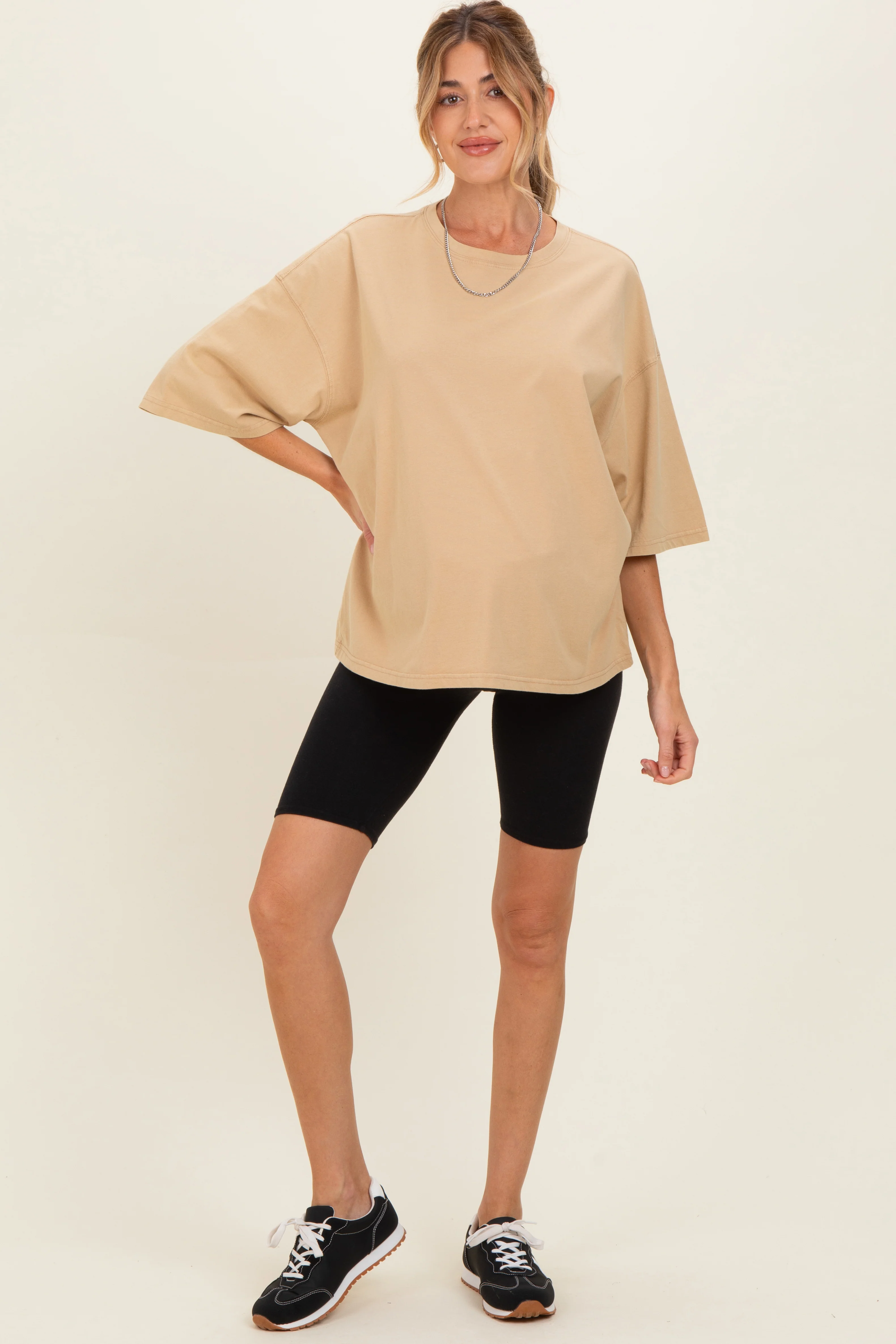 Image of Beige Washed Oversized Crew Neck Maternity Top