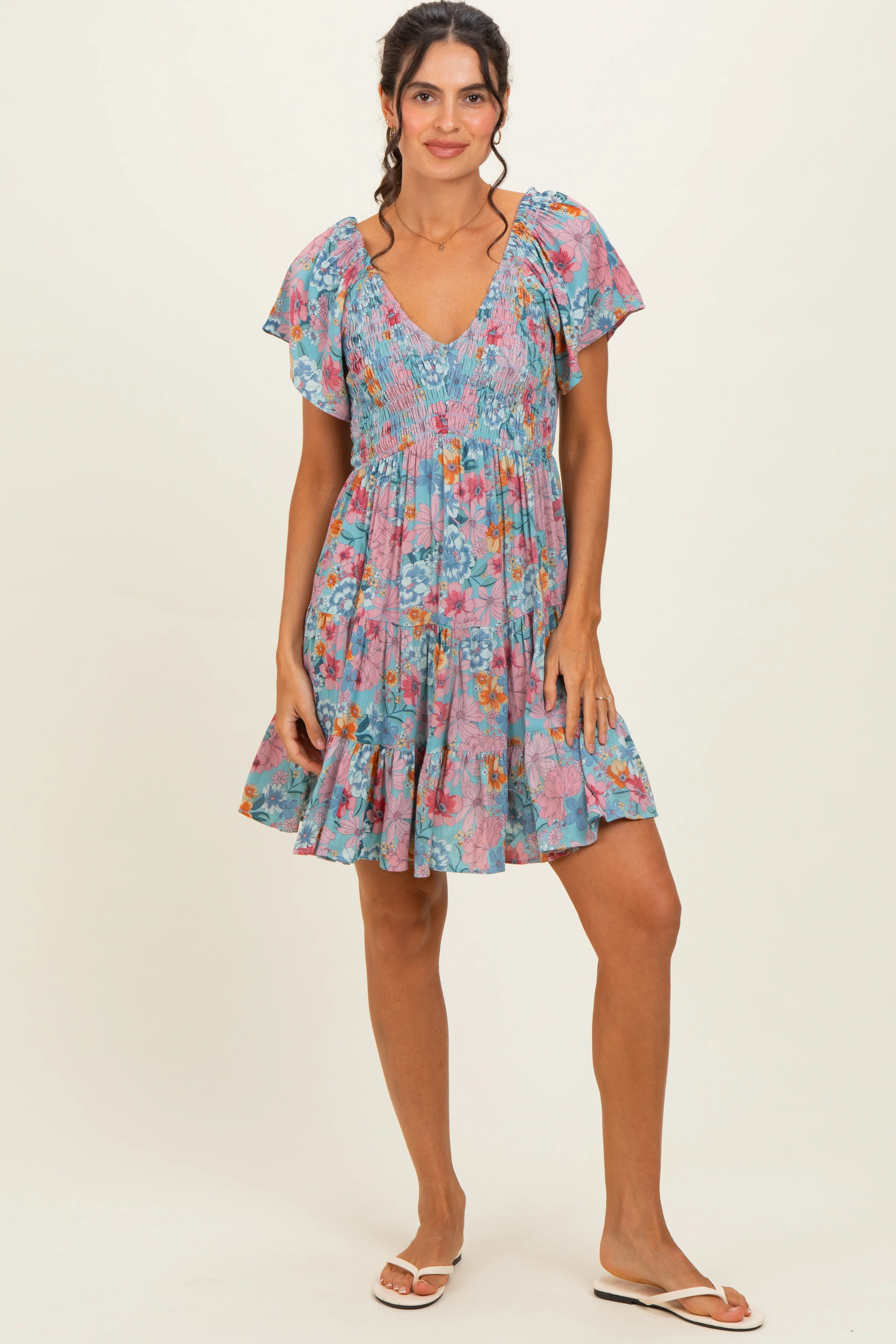 Image of Teal V Neck Smocked Bust Short Sleeve Short Dress