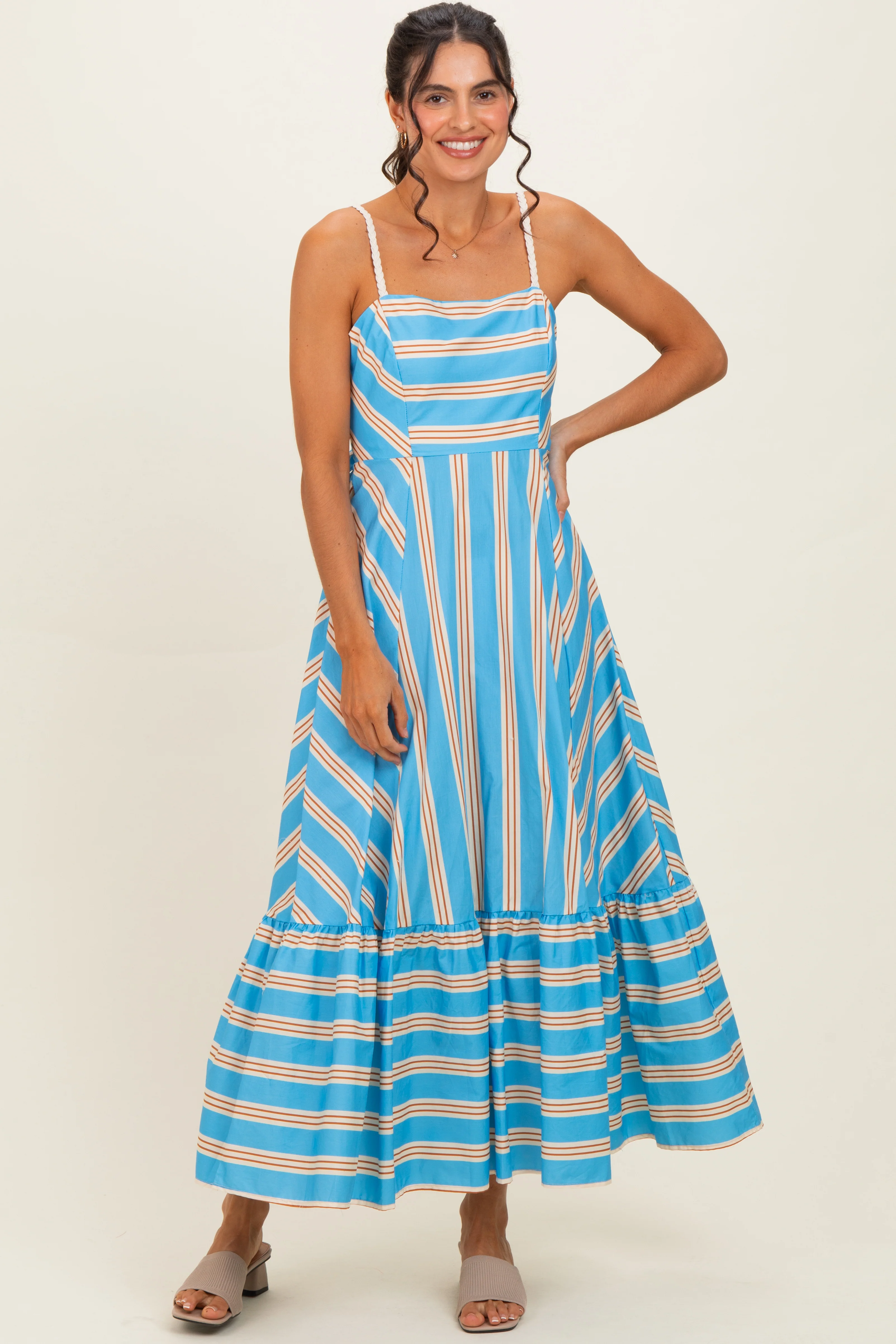 Image of Blue Striped Ruffle Hem Midi Dress