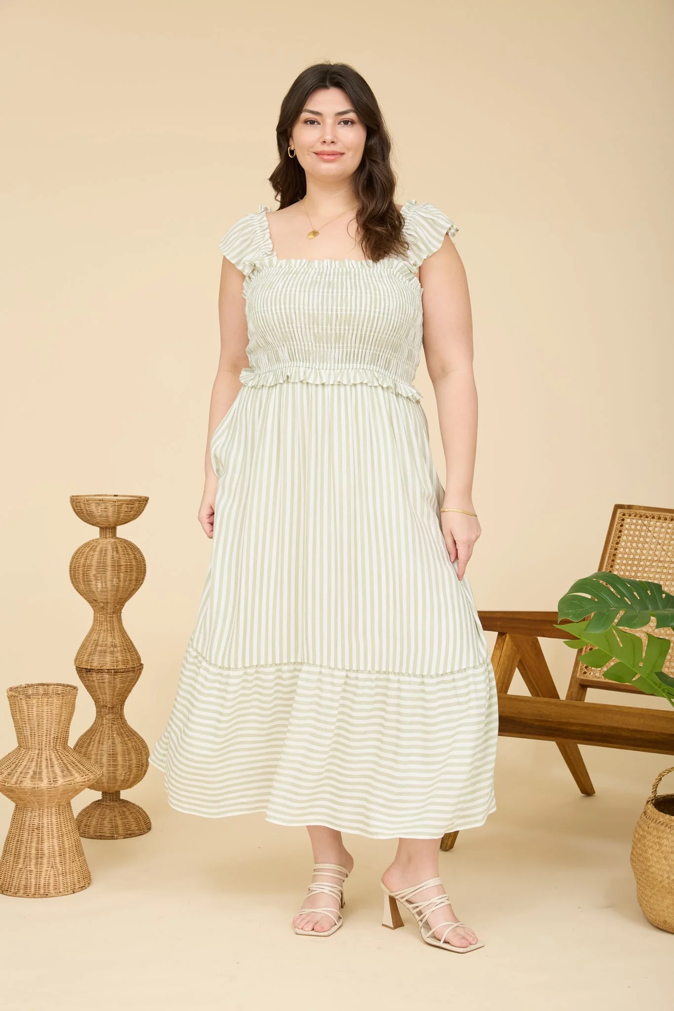 Image of Light Olive Striped Smocked Plus Midi Dress