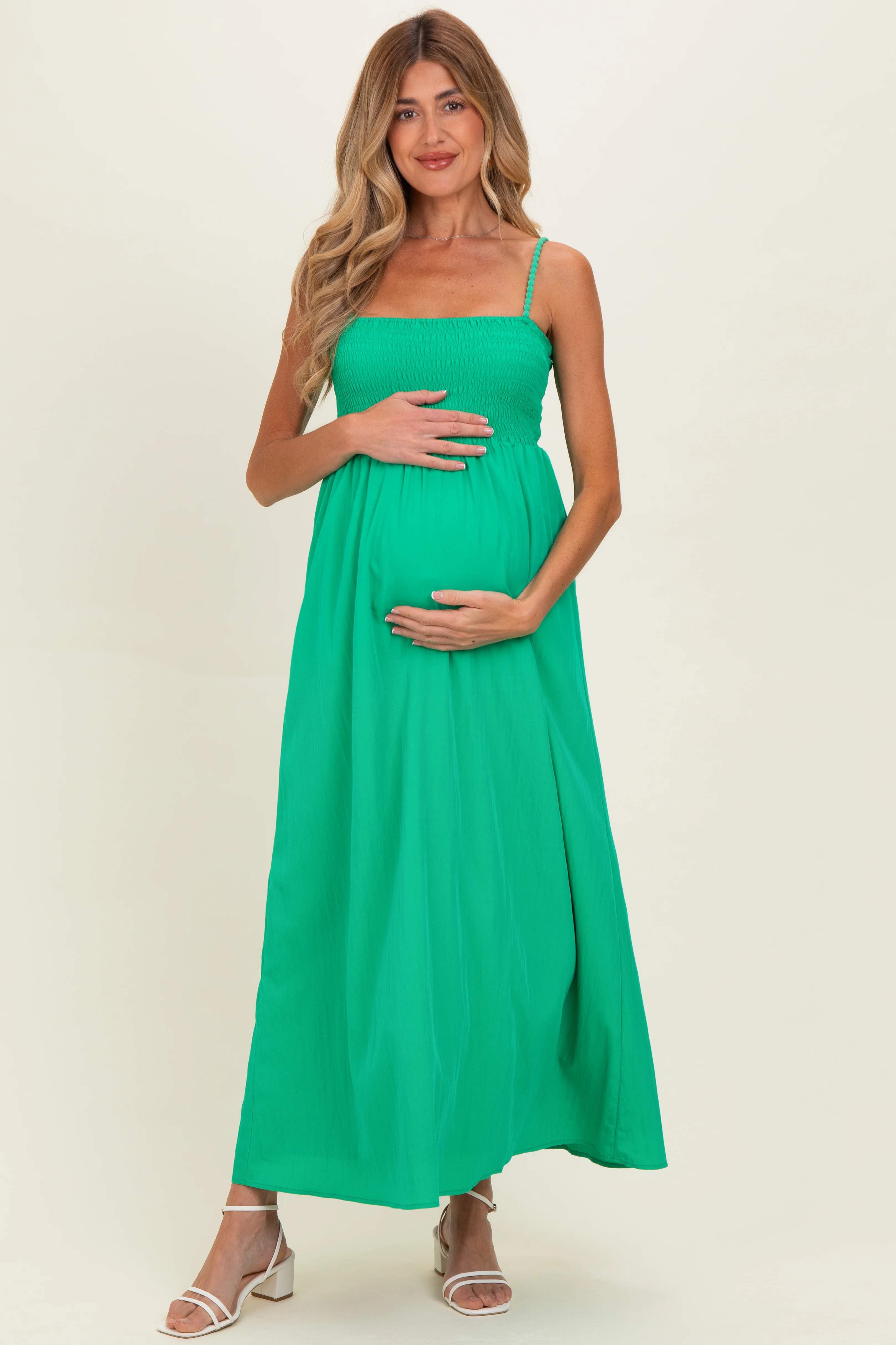 Image of Green Pom Pom Strap Smocked Maternity Maxi Dress