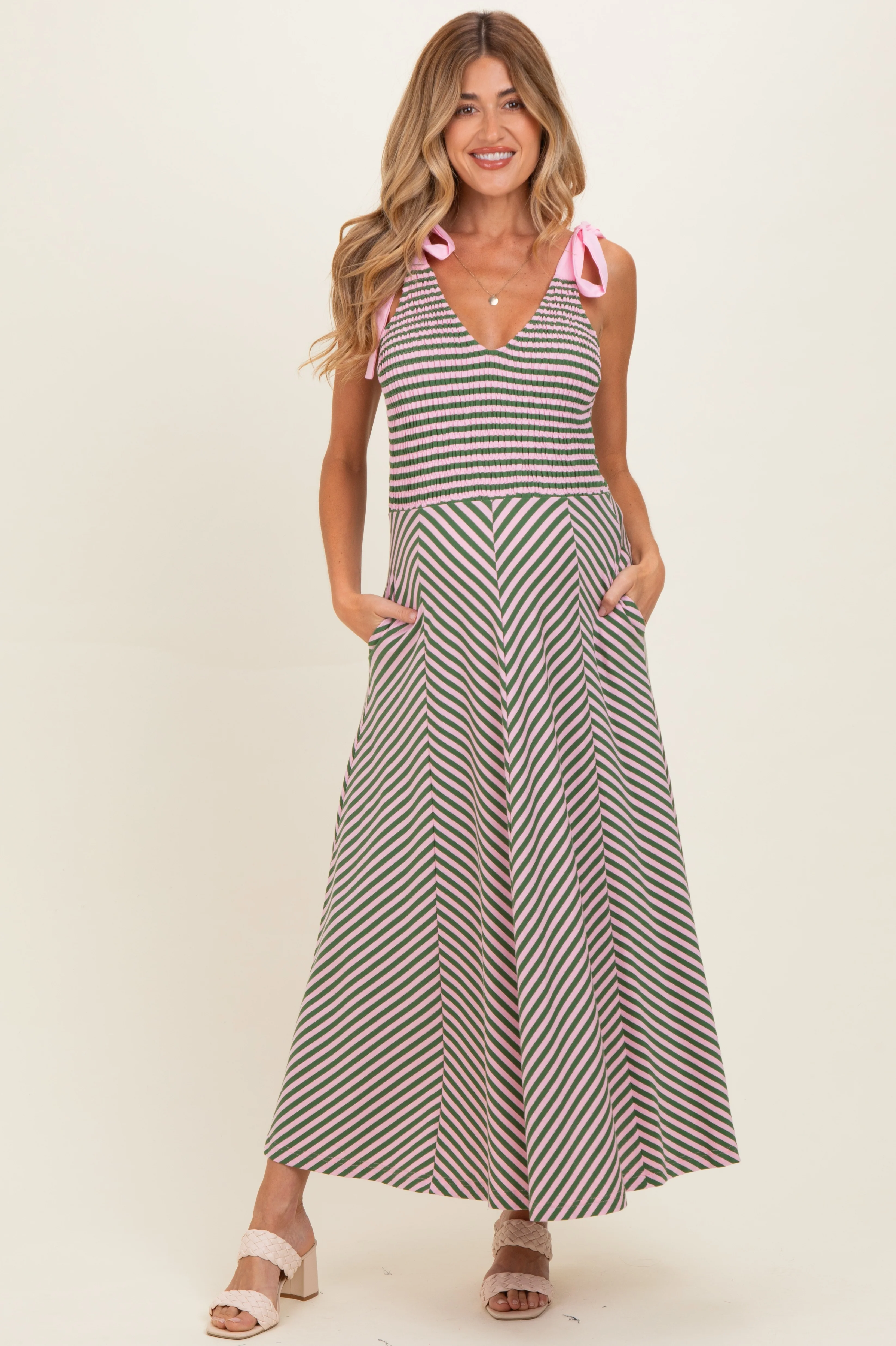 Image of Olive Striped Smocked Shoulder Tie Maternity Midi Dress