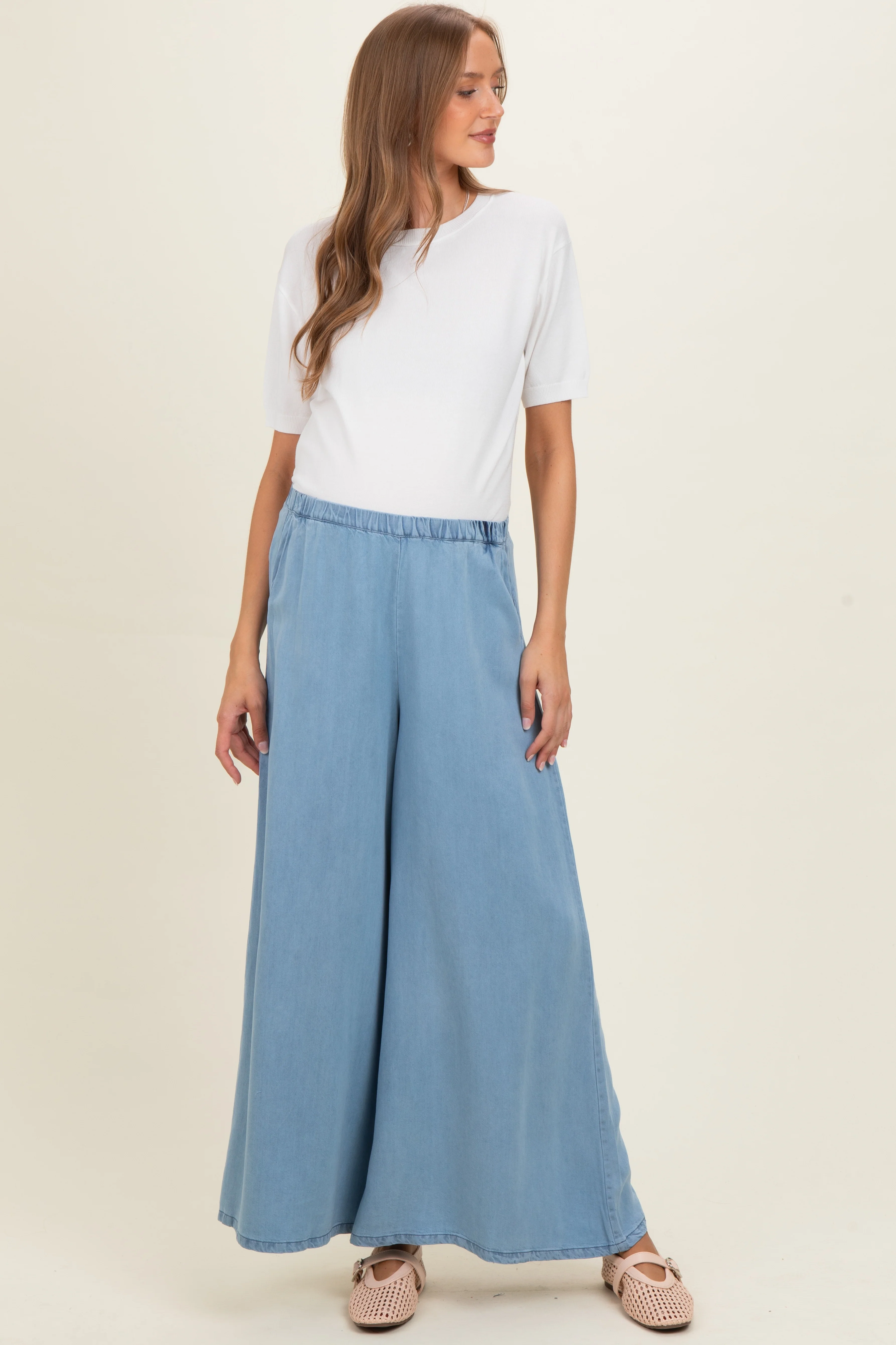 Image of Light Denim Chambray Wide Leg Maternity Pants