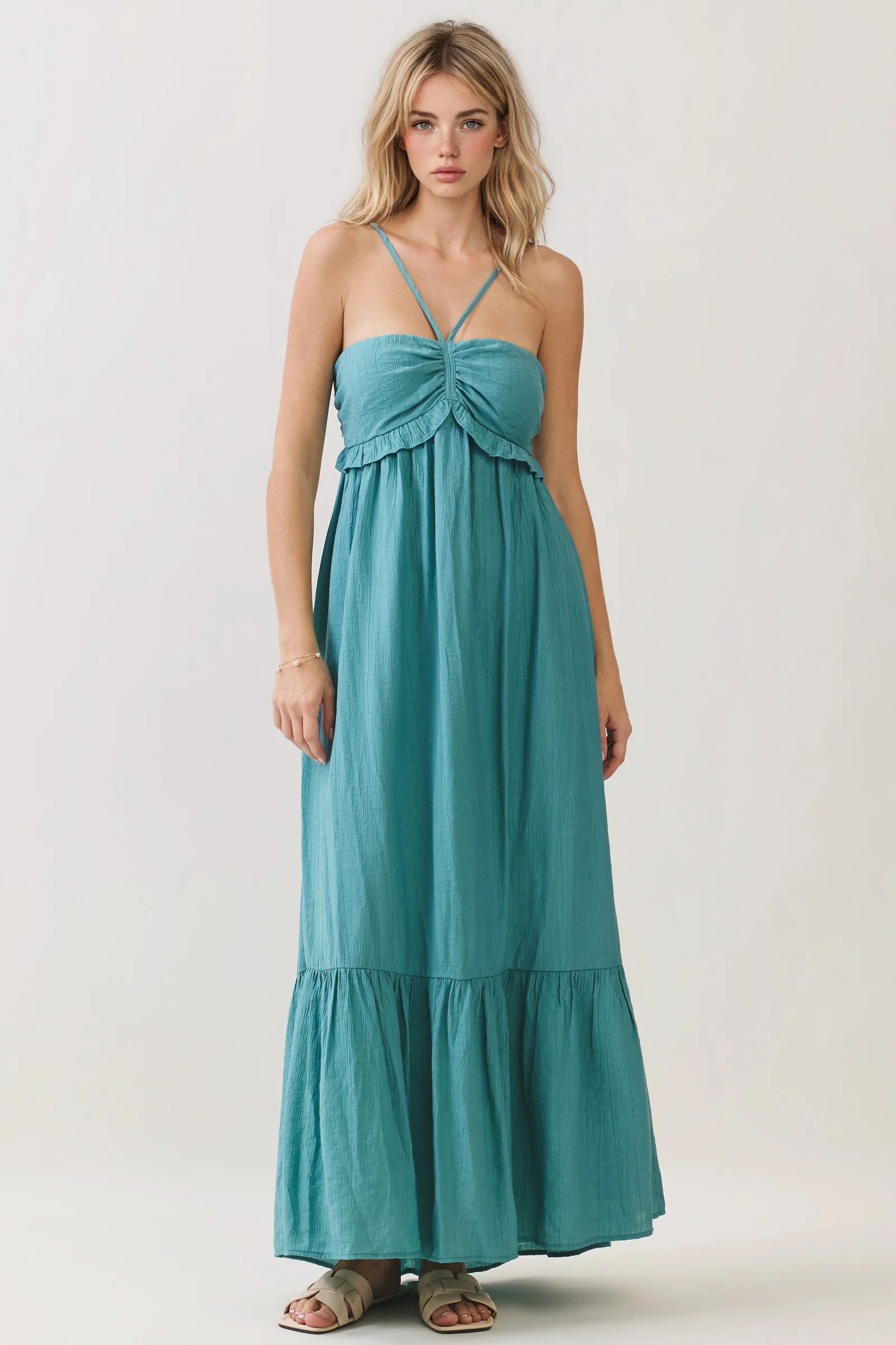 Image of Aqua Teal Halter Neck Tiered Cutout Maxi Dress
