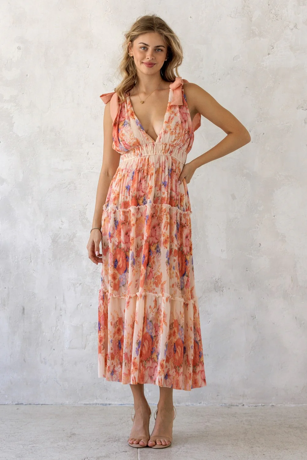 Image of Peach Floral Plisse Shoulder Tie Dress