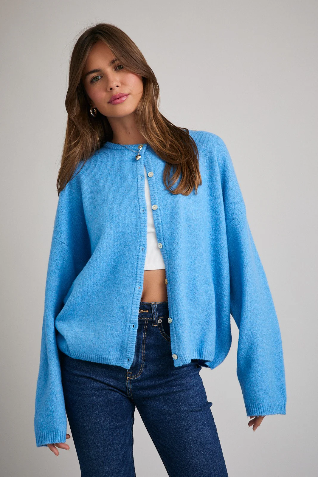 Image of Aqua Classic Crew Neck Button Cardigan