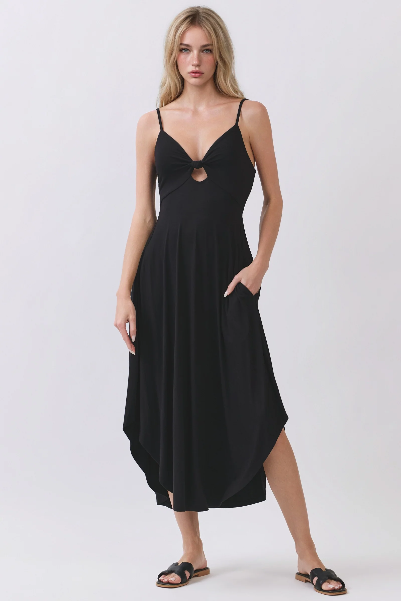 Image of Black Solid V-Neck Cami Dress