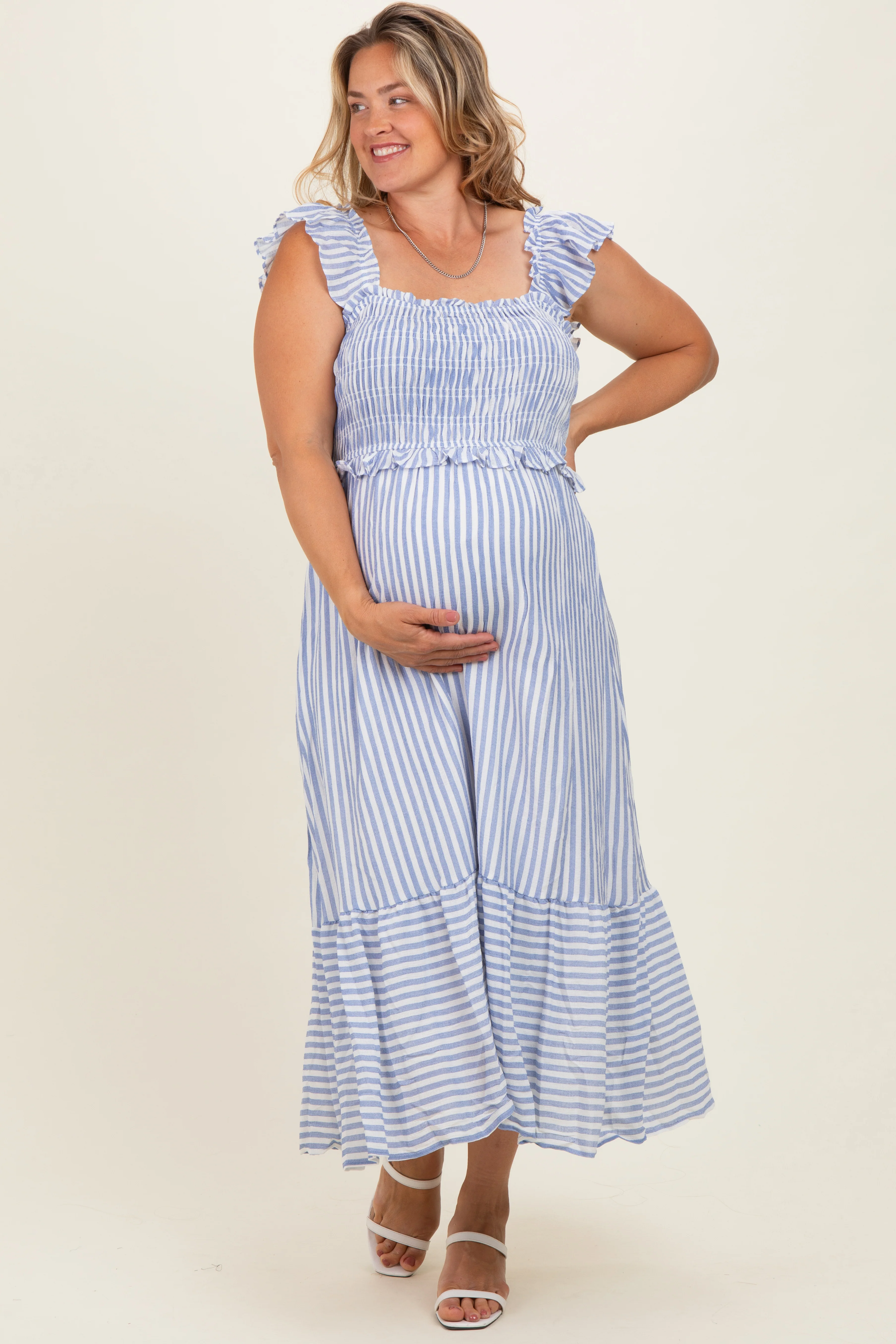 Image of Blue Striped Smocked Maternity Plus Midi Dress