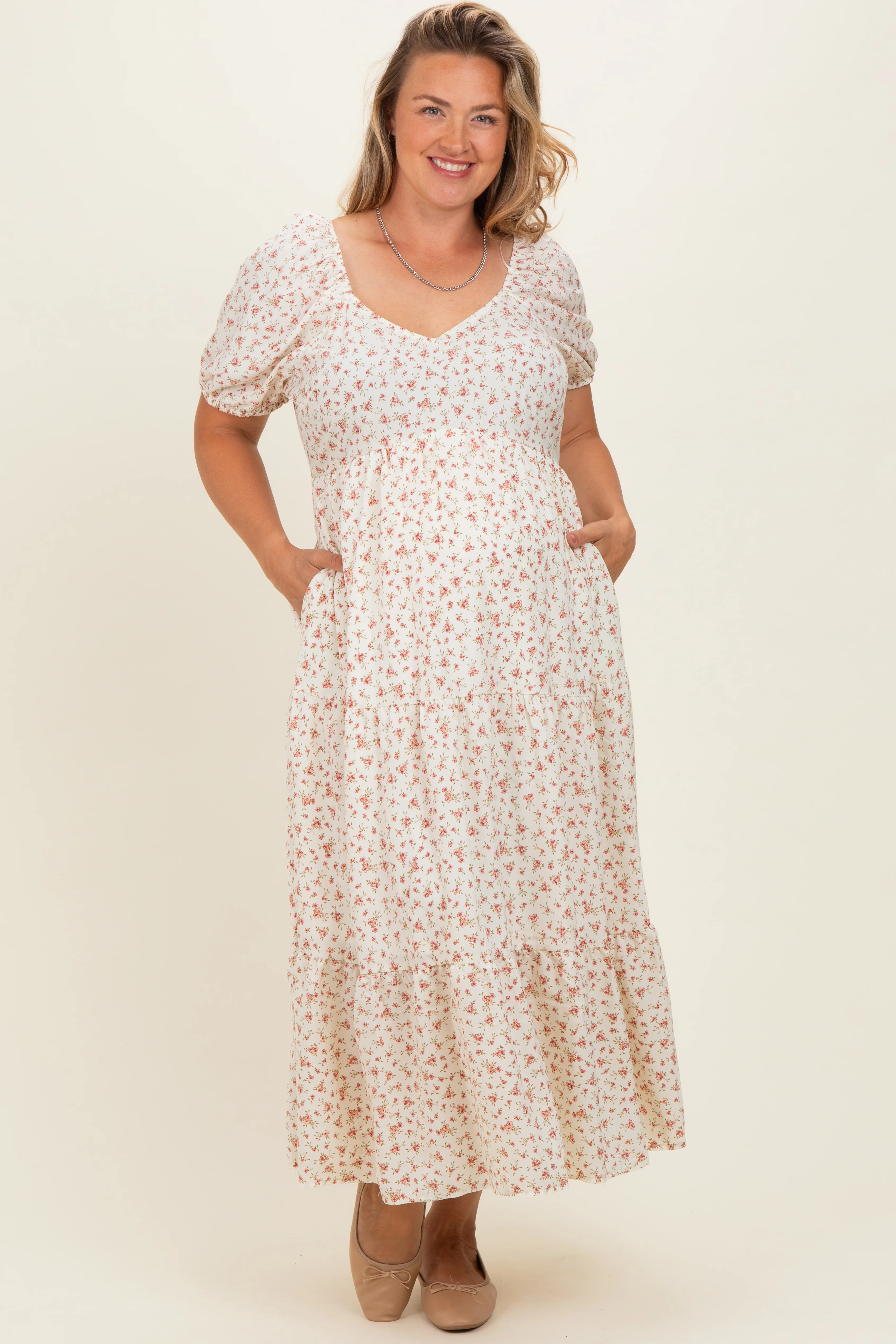 Image of Ivory Floral V-Neck Maternity Plus Maxi Dress