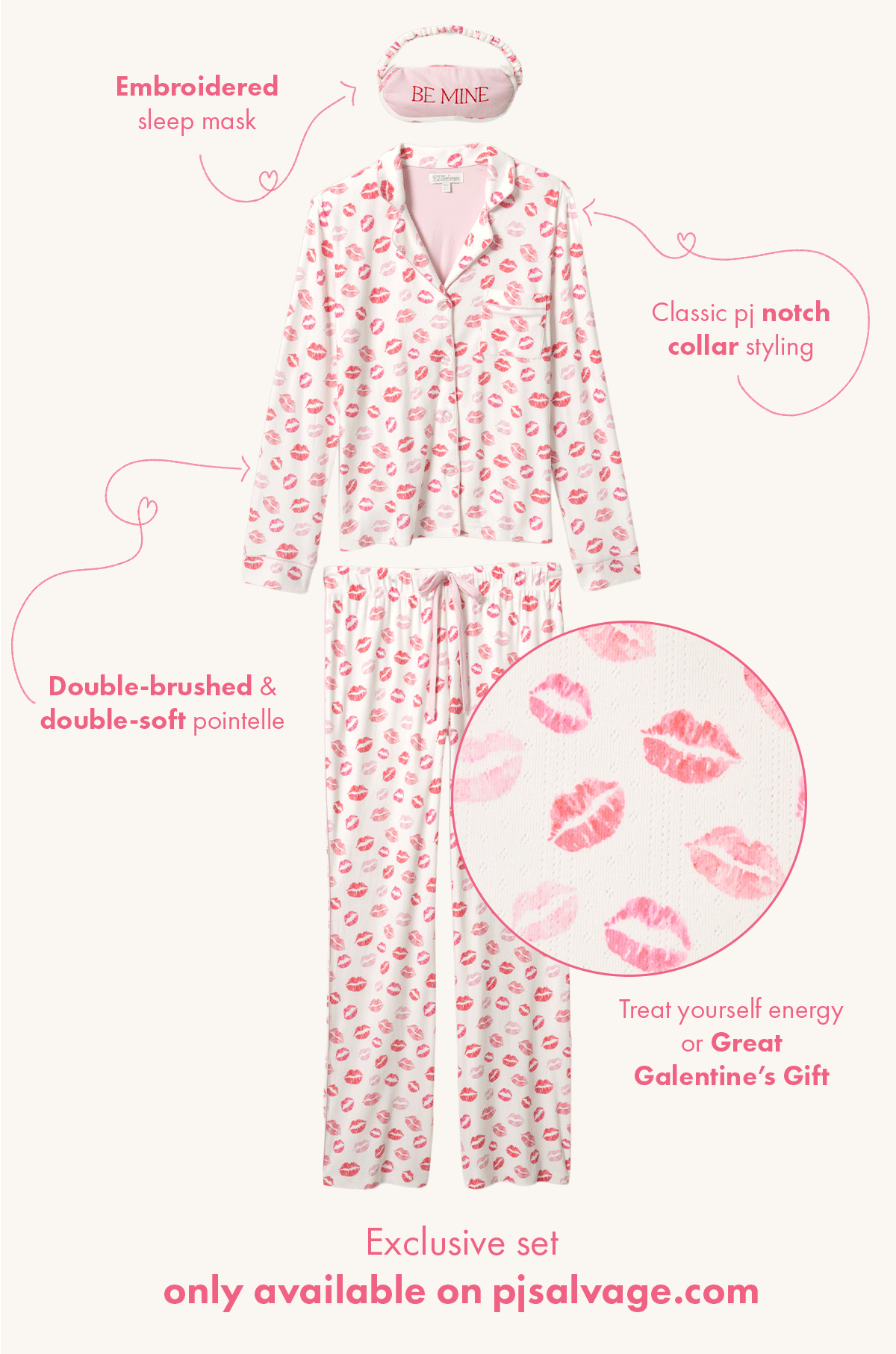 Sets with Embroidered Sleep Masks, Classic PJ Notch Collar, & Double-brushed/Double Soft Pointelle