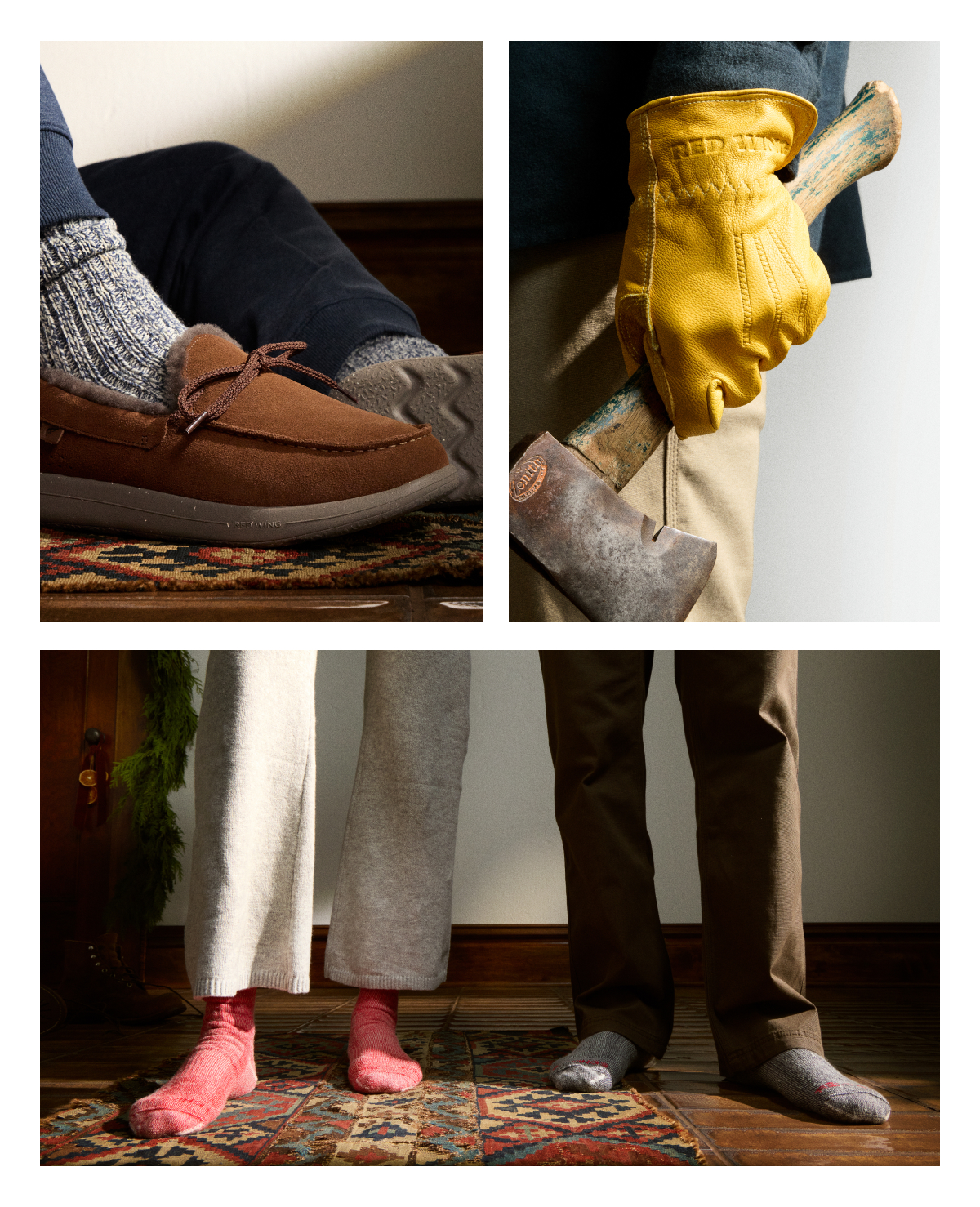 3 photos of Red Wing accessories like socks, belts, and hats
