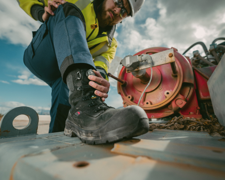 Zoom in shot of a Red Wing boot at a job site