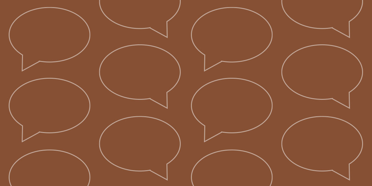 Message bubble icons on a rust brown background.