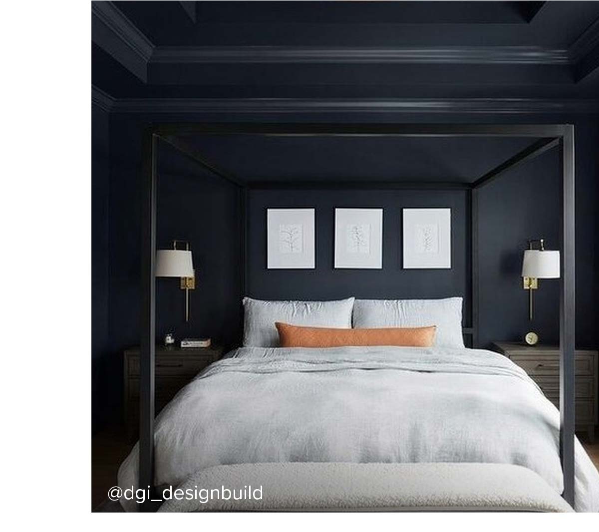 Architecture Bed with three framed prints above, wall-mounted lamps, and grey nightstands.