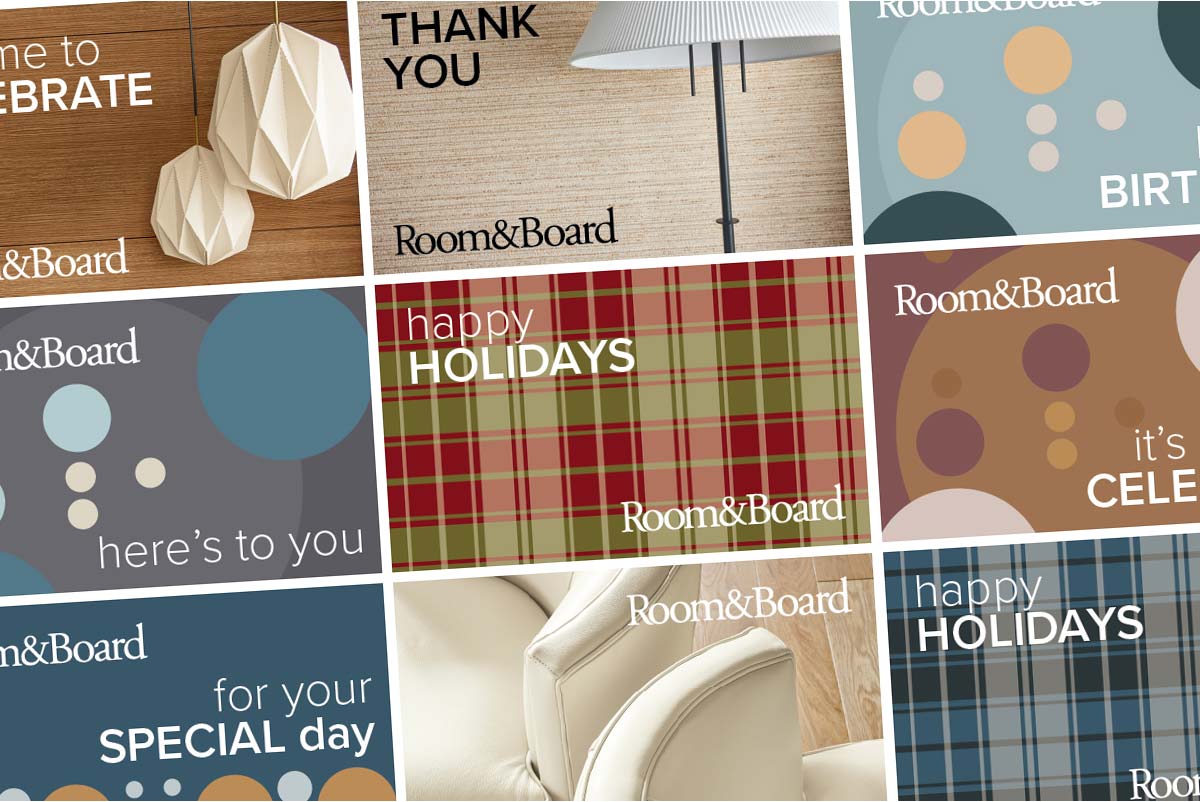 Assorted Room & Board gift card designs shown together, mixing plaid prints, graphic circles, greetings, and product close-ups.