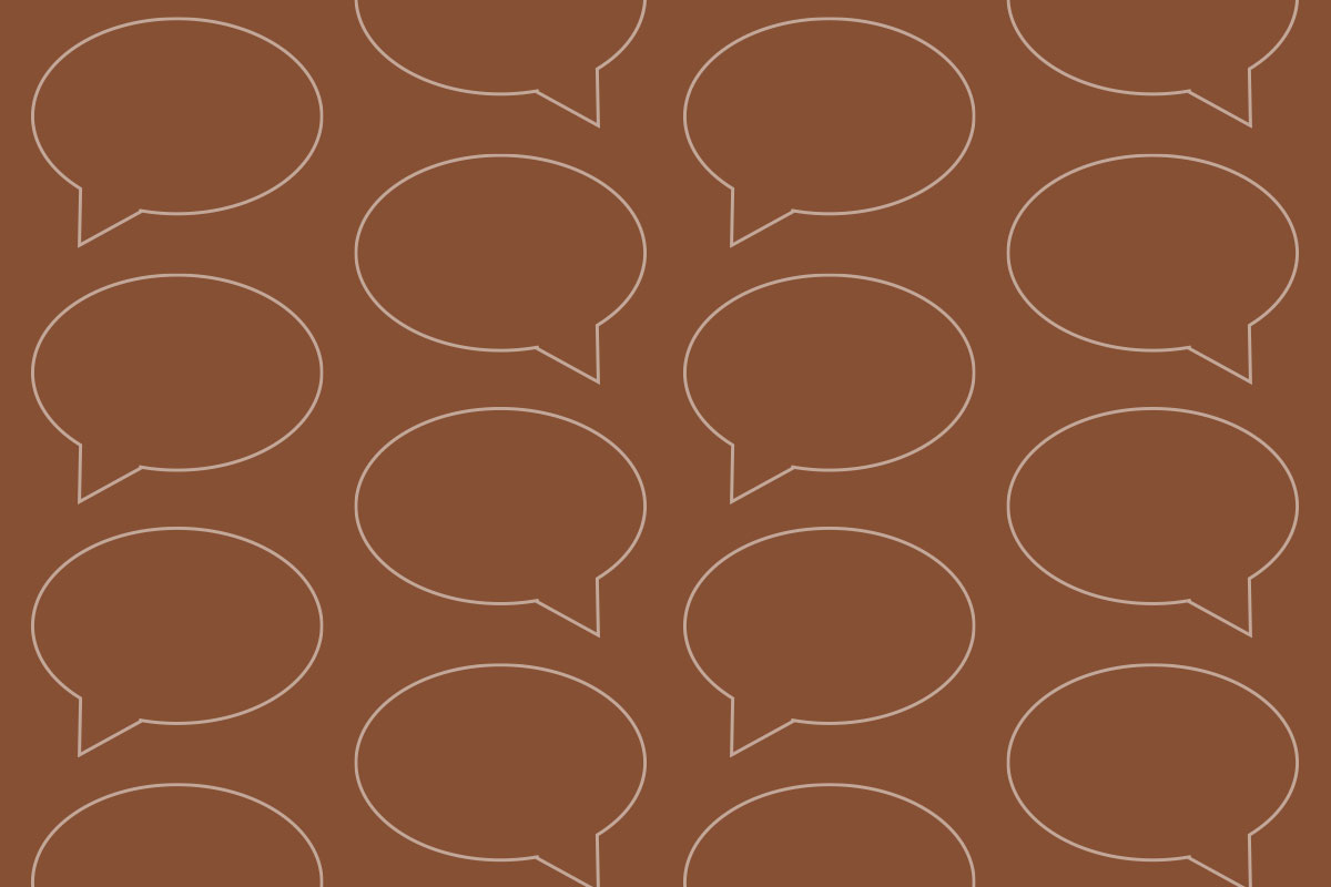 Message bubble icons on a rust brown background.