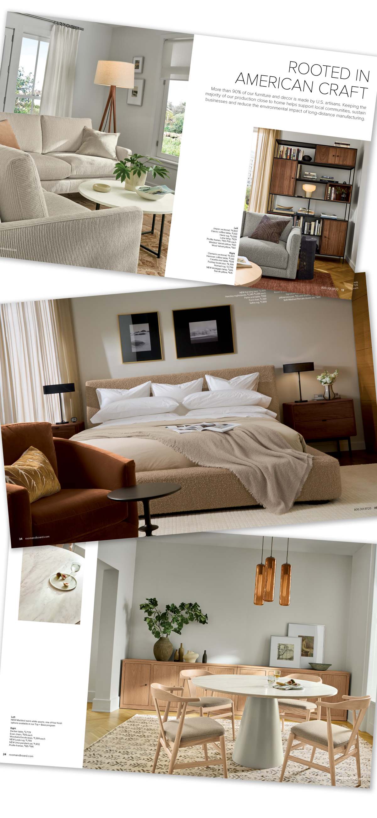 Collage of catalog pages featuring upholstered seating, a wood bed frame, and a round dining table with light wood chairs.