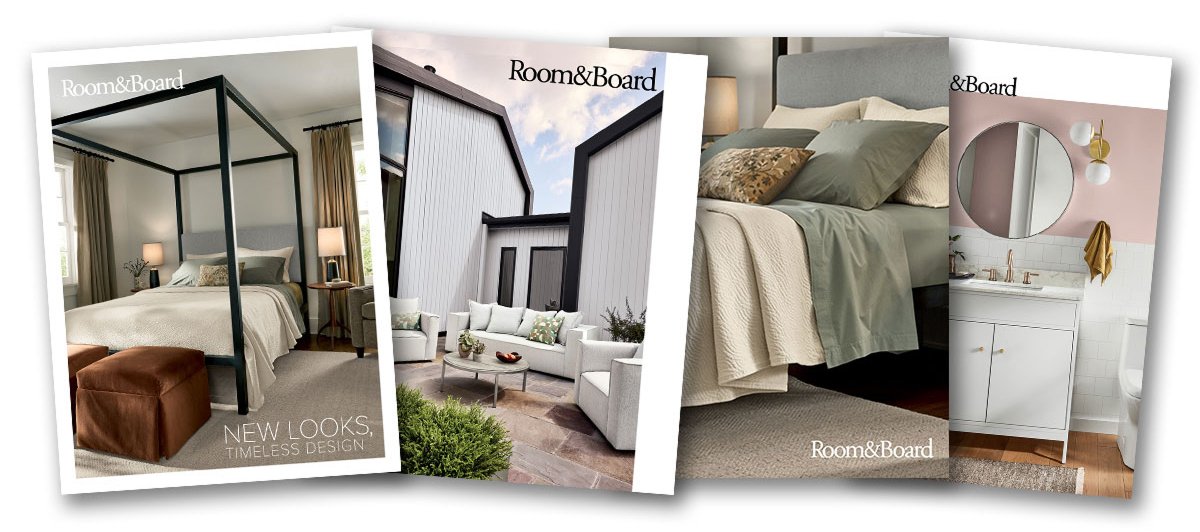 A collage of Room & Board catalog covers featuring bedroom, dining, and outdoor furniture scenes.