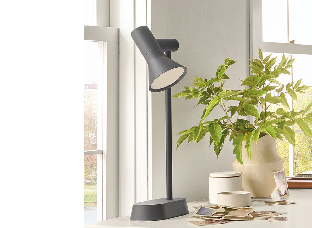 Matte black Gallery task lamp beside a plant and decor on light-toned office desk.