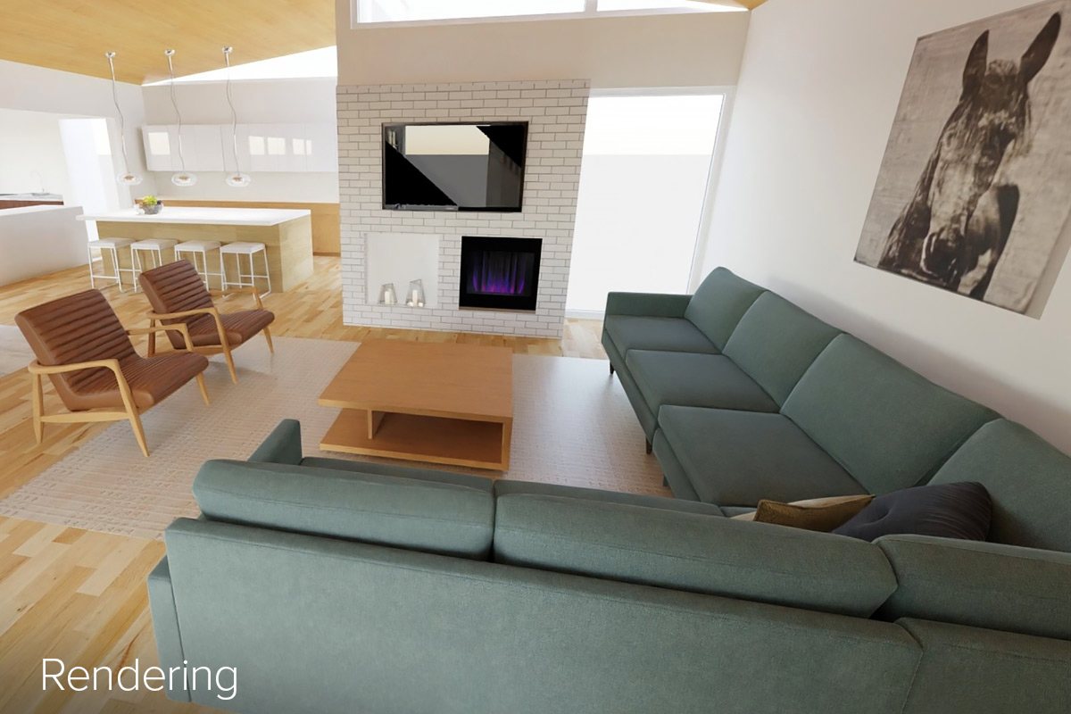 Living room rendering with two green sectional sofas, a light wood coffee table, and two tan lounge chairs facing a fireplace.
