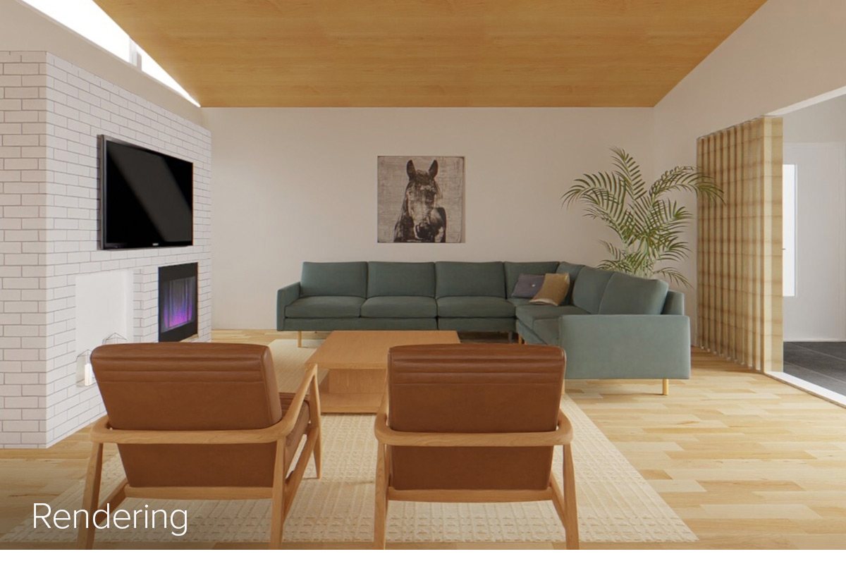 Straight-on view of living room rendering with green sectional sofa, two tan lounge chairs, and light wood coffee table on area rug.