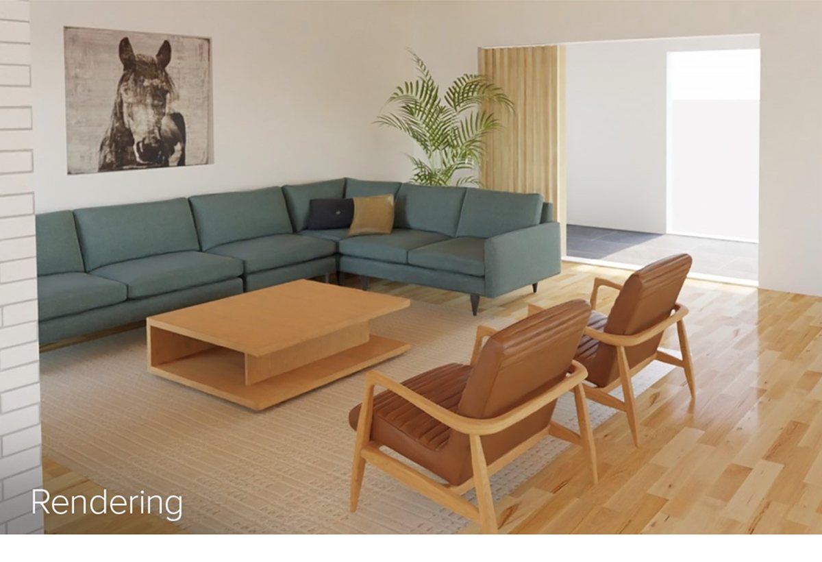 Alternate angle of living room rendering showing green sectional, tan chairs, coffee table, and potted plant in corner.