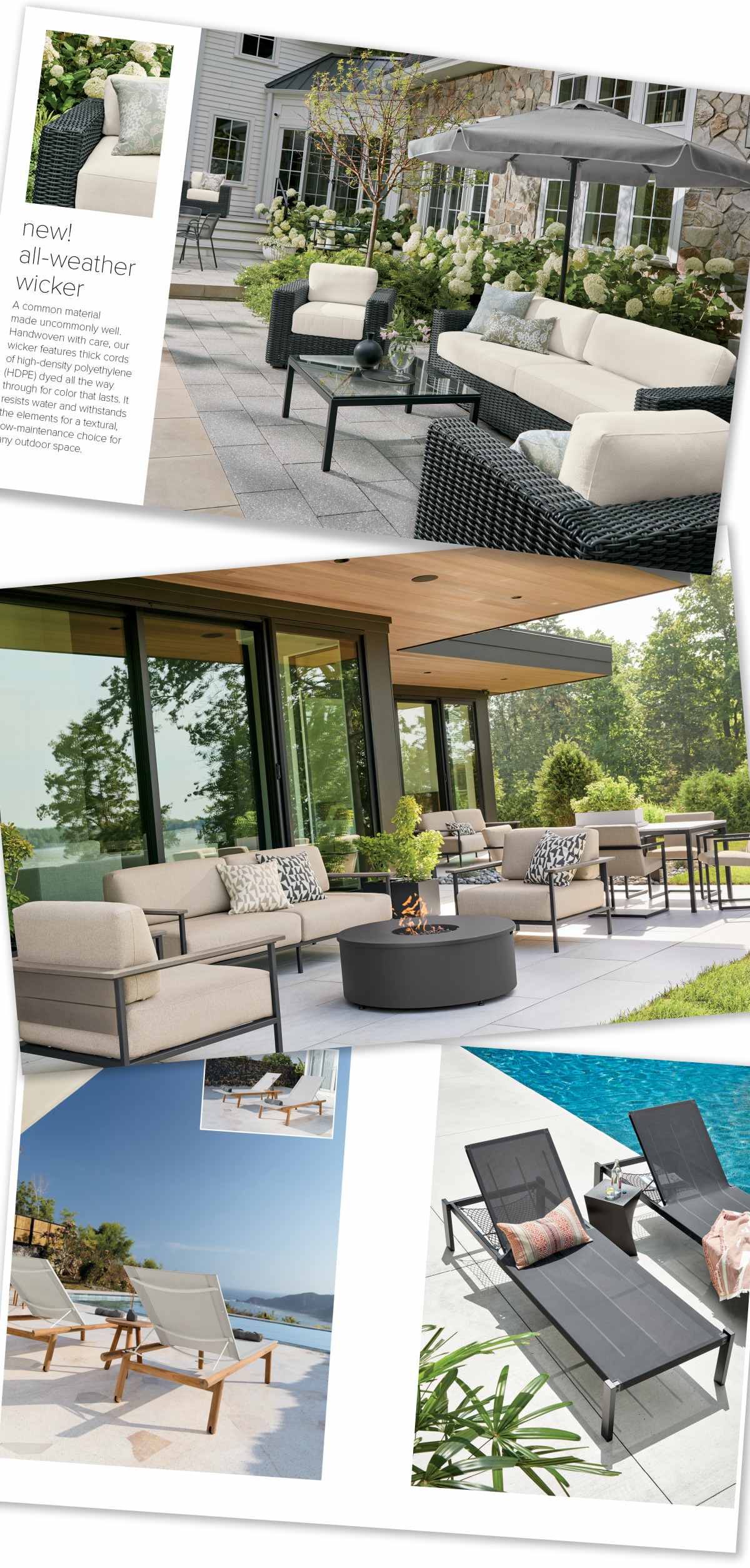 Outdoor digital catalog collage featuring wicker seating, fire table lounge set, and chaise lounges by a pool.