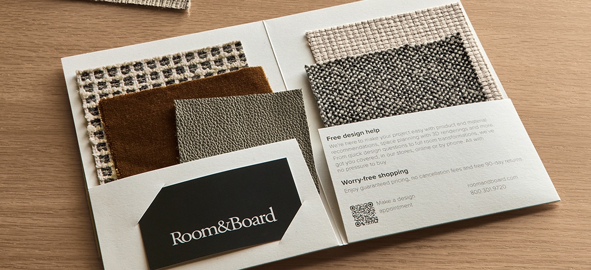 Room & Board folder with fabric and leather swatches.