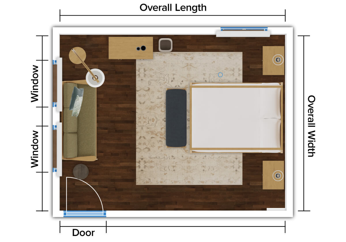 Overhead floor plan with bed, sofa, desk, and rug, labelled with overall length, width, and window placement.