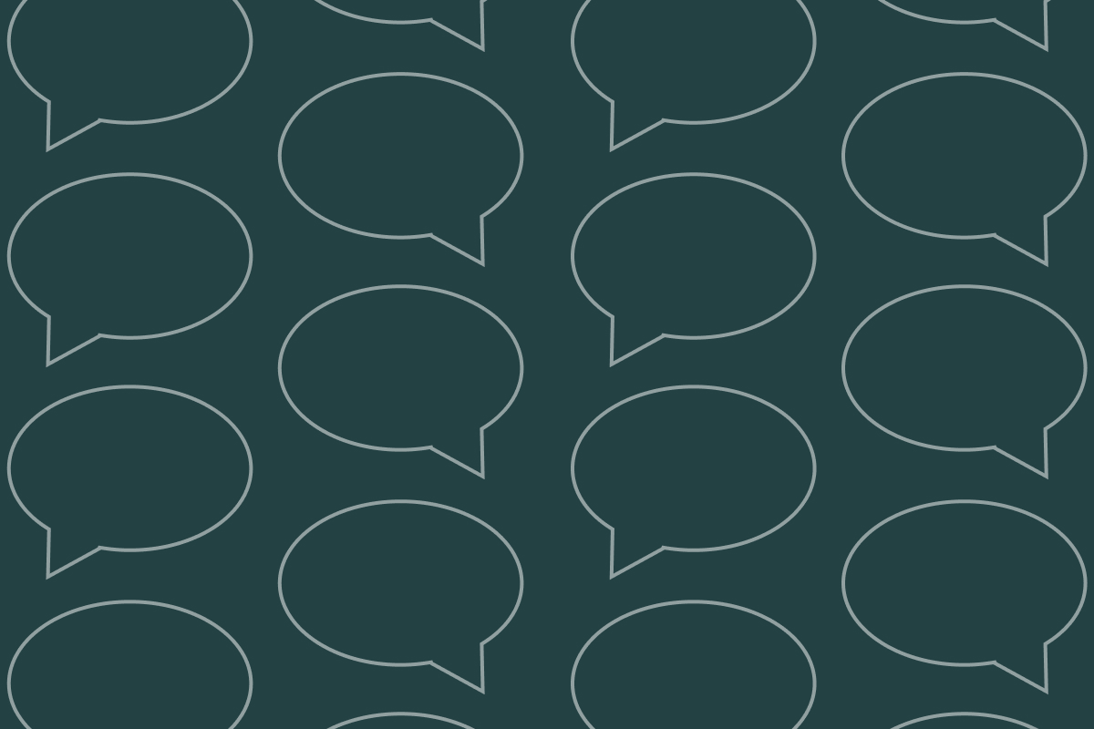 Pattern of outlined speech bubbles on a dark teal background.