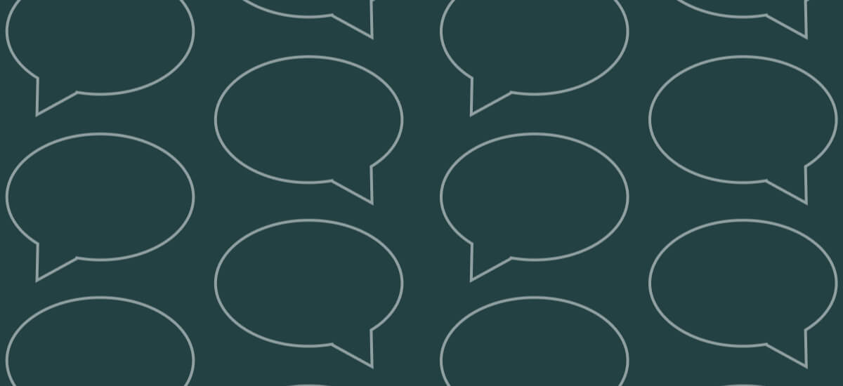 Pattern of outlined speech bubbles on a dark teal background.