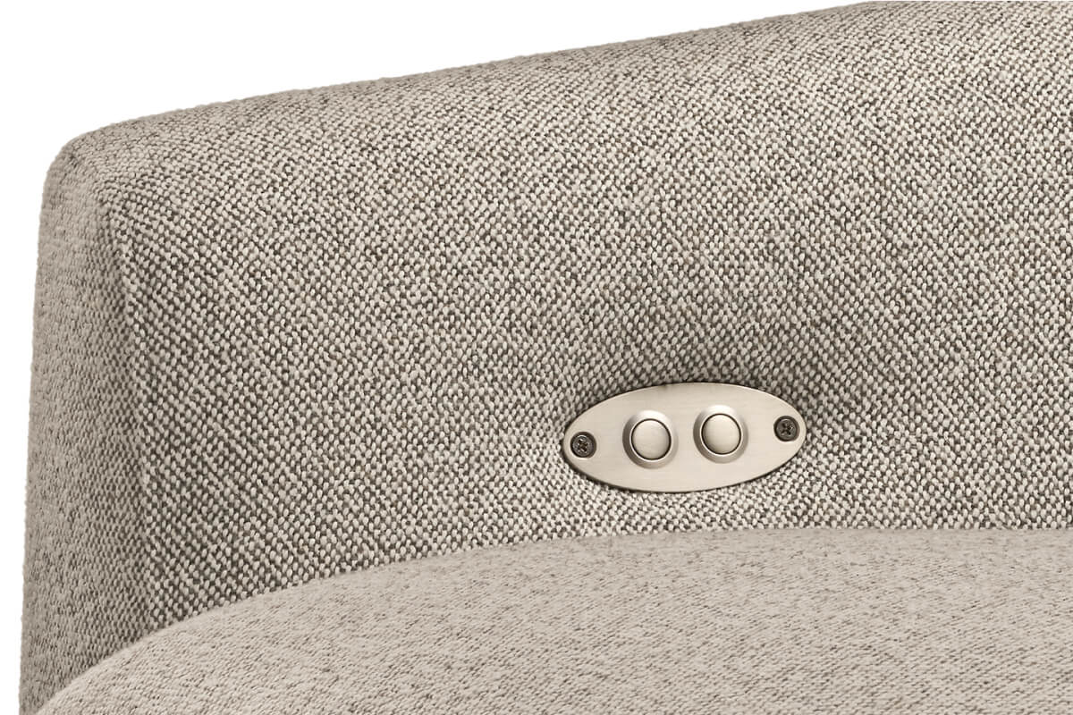Close-up of Weber reclining sofa controls with two brushed metal buttons integrated into the upholstered arm.