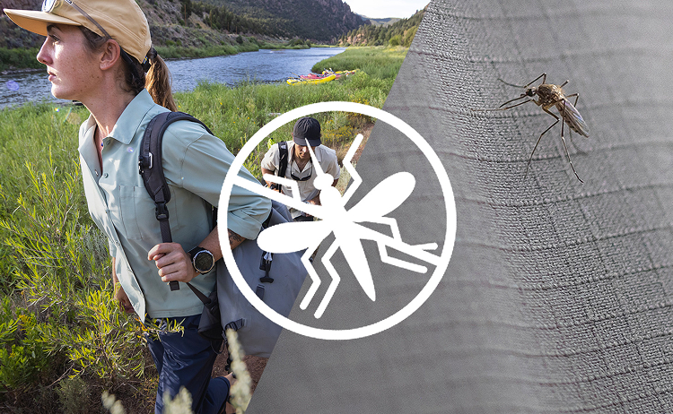 Two images: A close up of a woman hiking and fabric detail showing mosquito with a no mosquito icon.