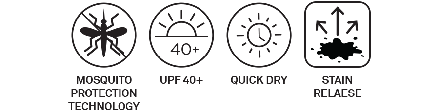 Icons showing MPT, UPF 40+, QUICK DRY, STAIN RELEASE
