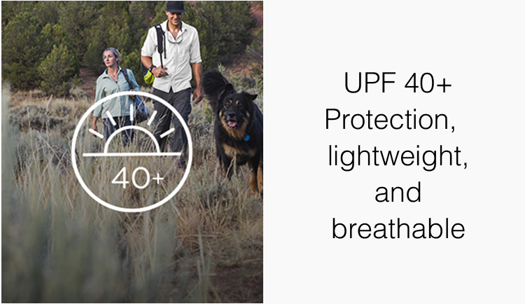 image: two people hiking in tall grass with 40+ UPF icon; copy reads UPF40+ Protection, Lightweight and Breathable