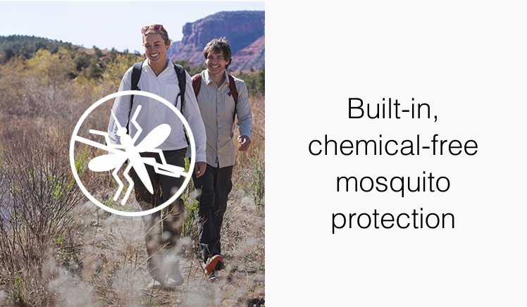 Image: two people hiking with no mosquito icon Copy reads Built-in, chemical-free mosquito protection