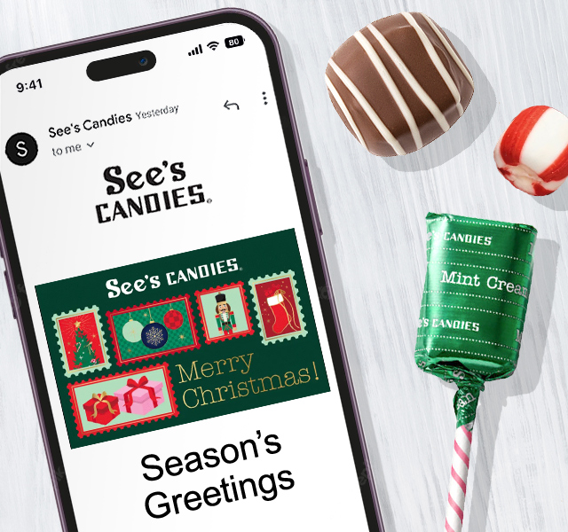 See’s Holiday eGift Card shown on a mobile phone screen