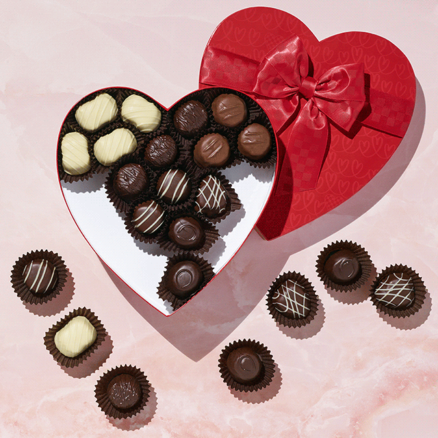 Animation of chocolate candies filling a red Valentine box