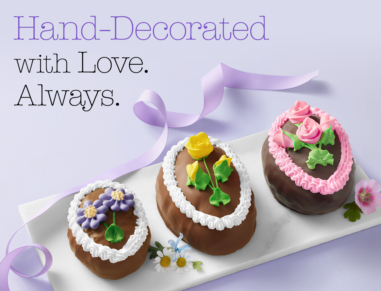 Hand-Decorated with Love. Always. | Three See’s hand-decorated eggs on tray