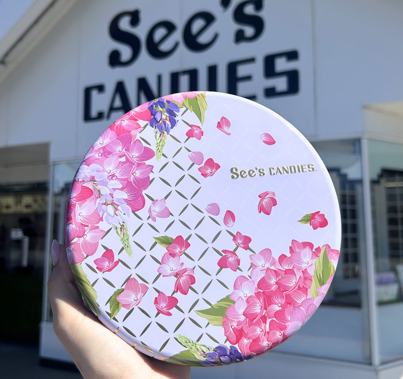 Springtime Joy Tin outside of a See’s Candies shop