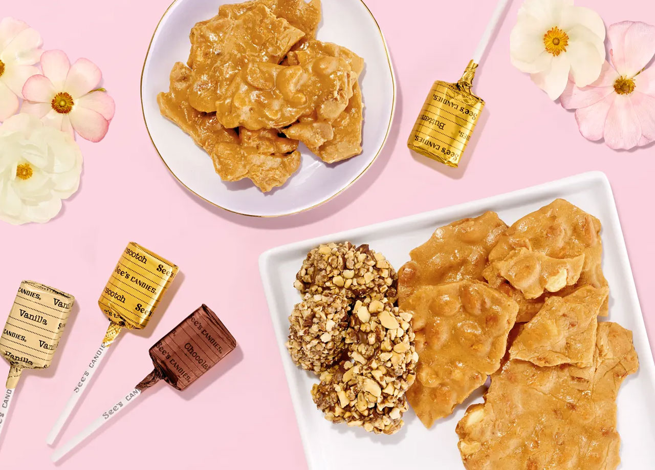 Peanut Brittle and Assorted Lollypops in springtime setting