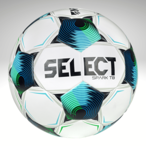 White soccer ball with black, blue, and green accents