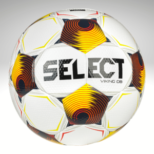 White soccer ball with navy, orange and yellow accents