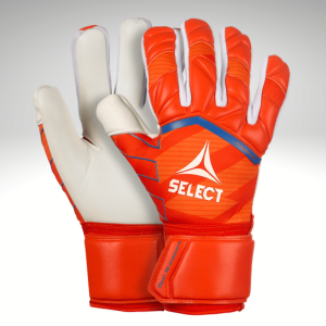 Orange and blue goalkeeper gloves with a white palm