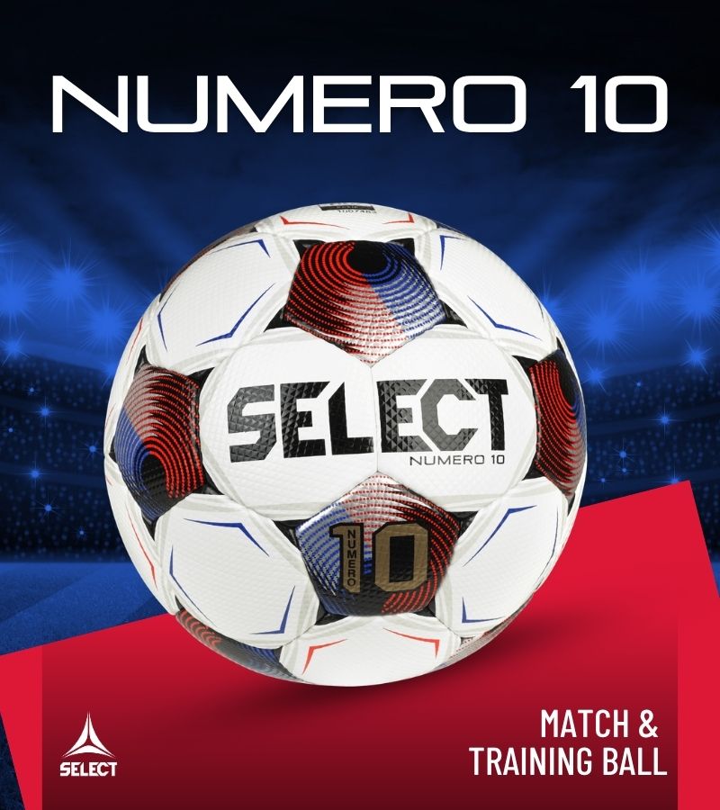white, blue and red soccer ball on a red and blue background. Text Numero 10, match & training ball