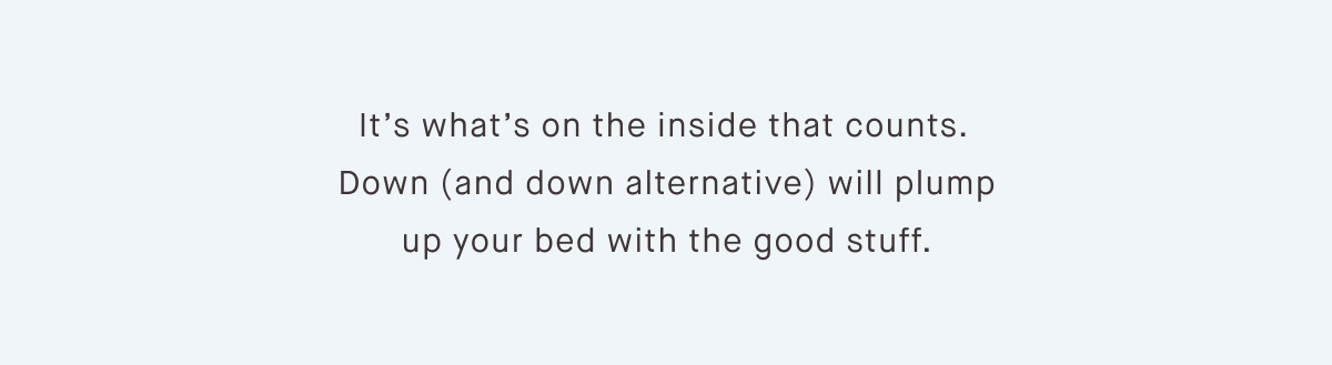 It’s what’s on the inside that counts.  Down (and down alternative) will plump up your bed with the good stuff.
