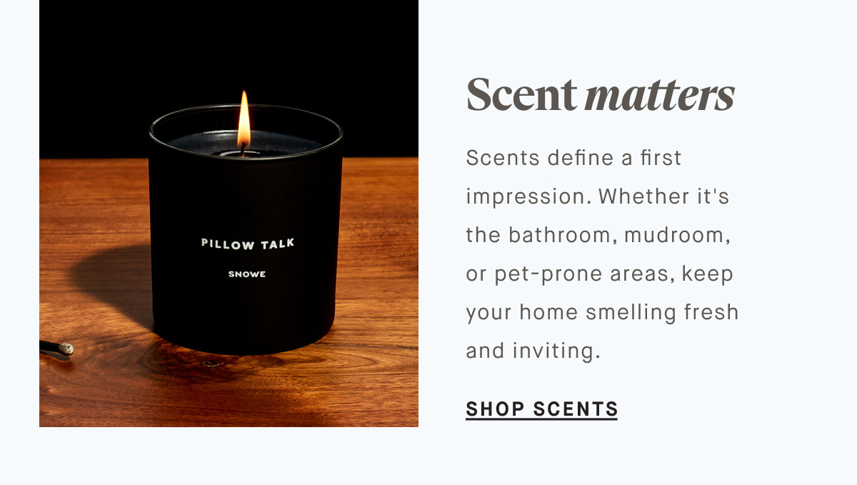 Scent matters Scents define a first impression. Whether it's  the bathroom, mudroom,  or pet-prone areas, keep your home smelling fresh and inviting. SHOP SCENTS