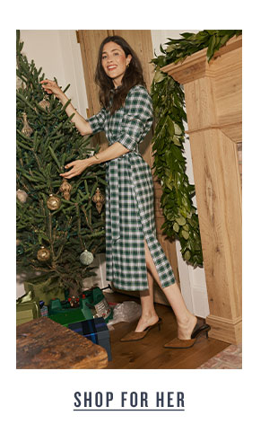 Shop for Her. Woman in green plaid midi dress.